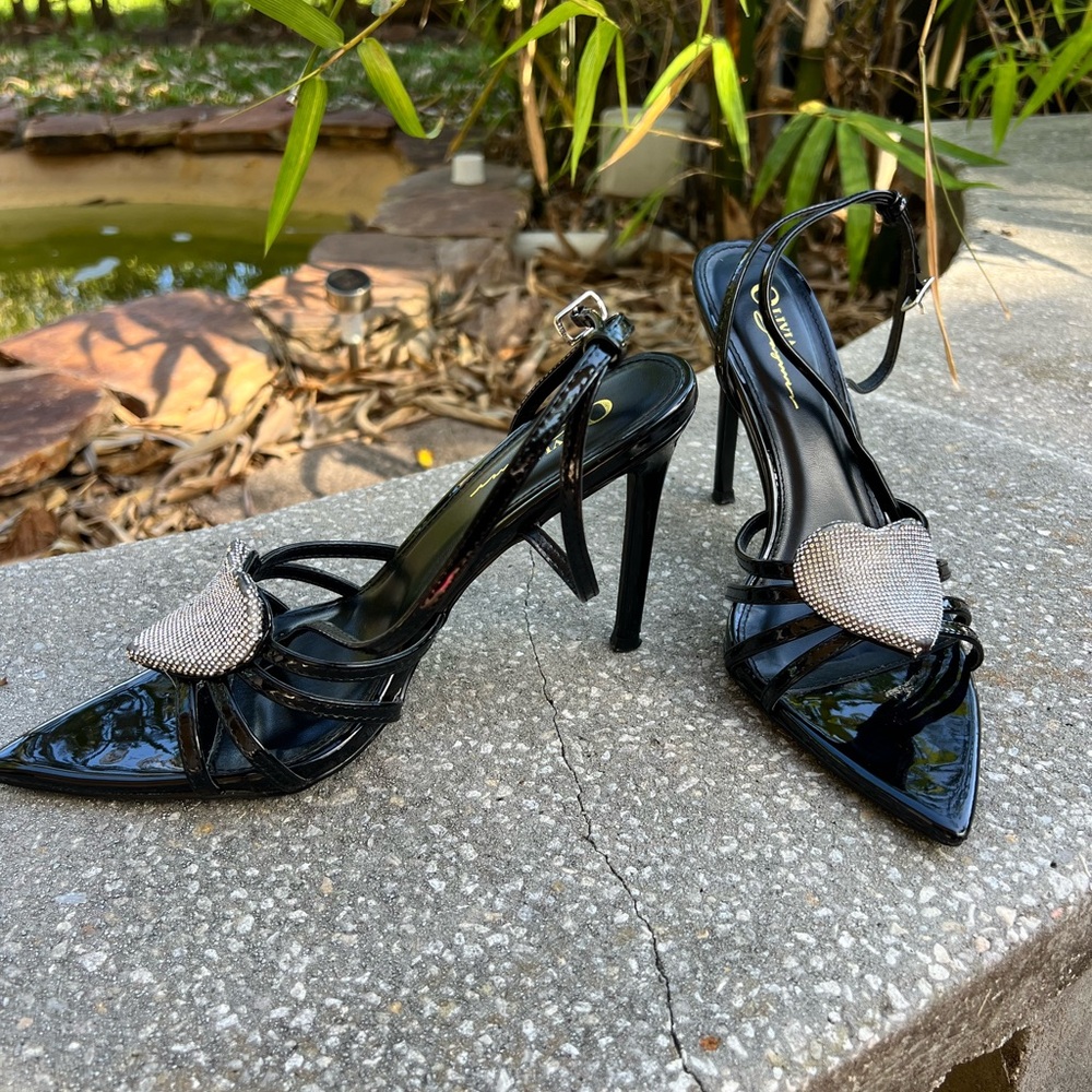 Rhinestone black strappy heels
